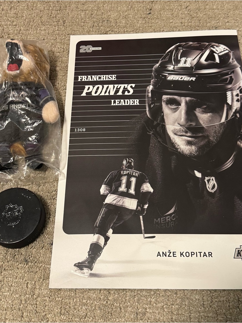 Anže Kopitar Franchise Points Leader Poster puck and Bailey plush
